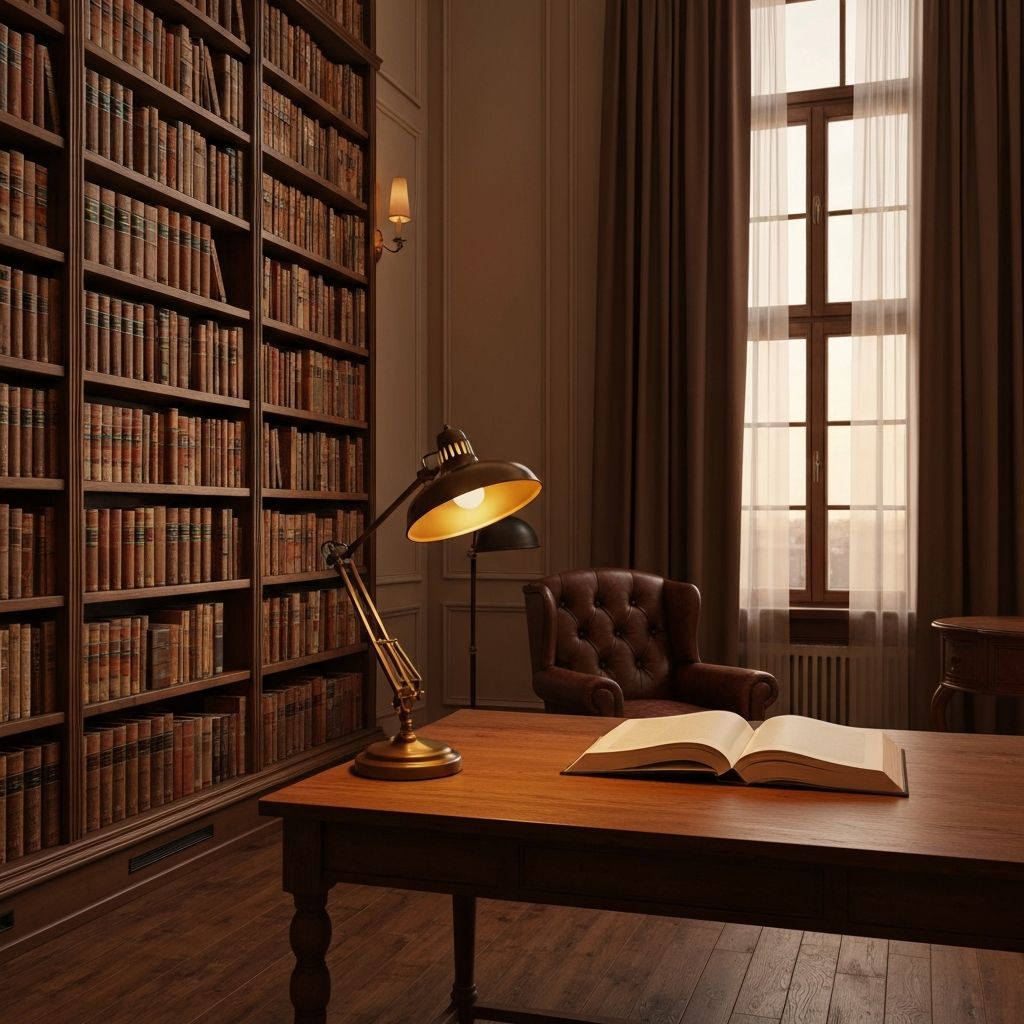Уютная библиотека с книжными полками и мягким светом